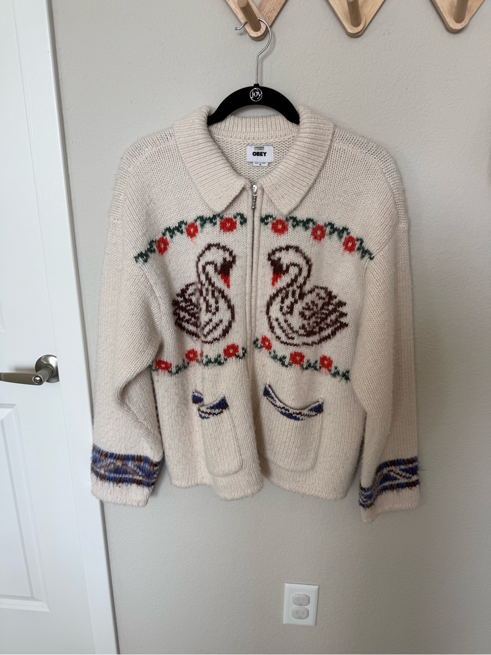 OBEY Cream Swan Zip-Front Knit Sweater
